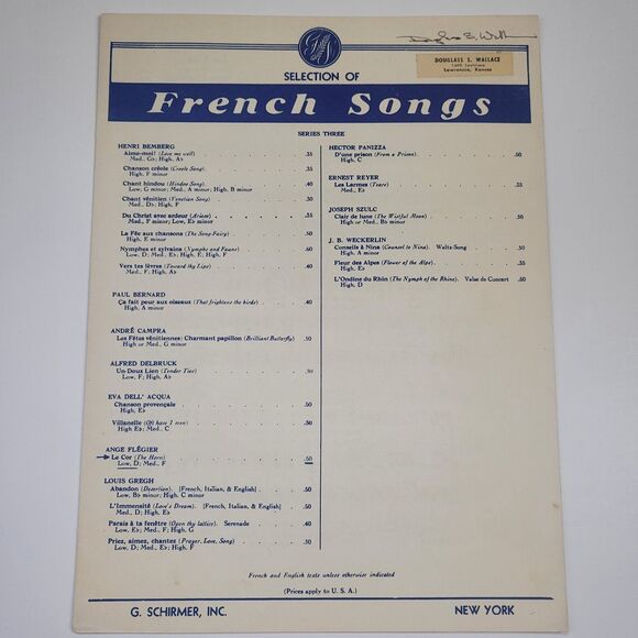Other - Selection of French Songs, Ange Flegier 'Le Cor' Low D, G. Schirmer #SM2
